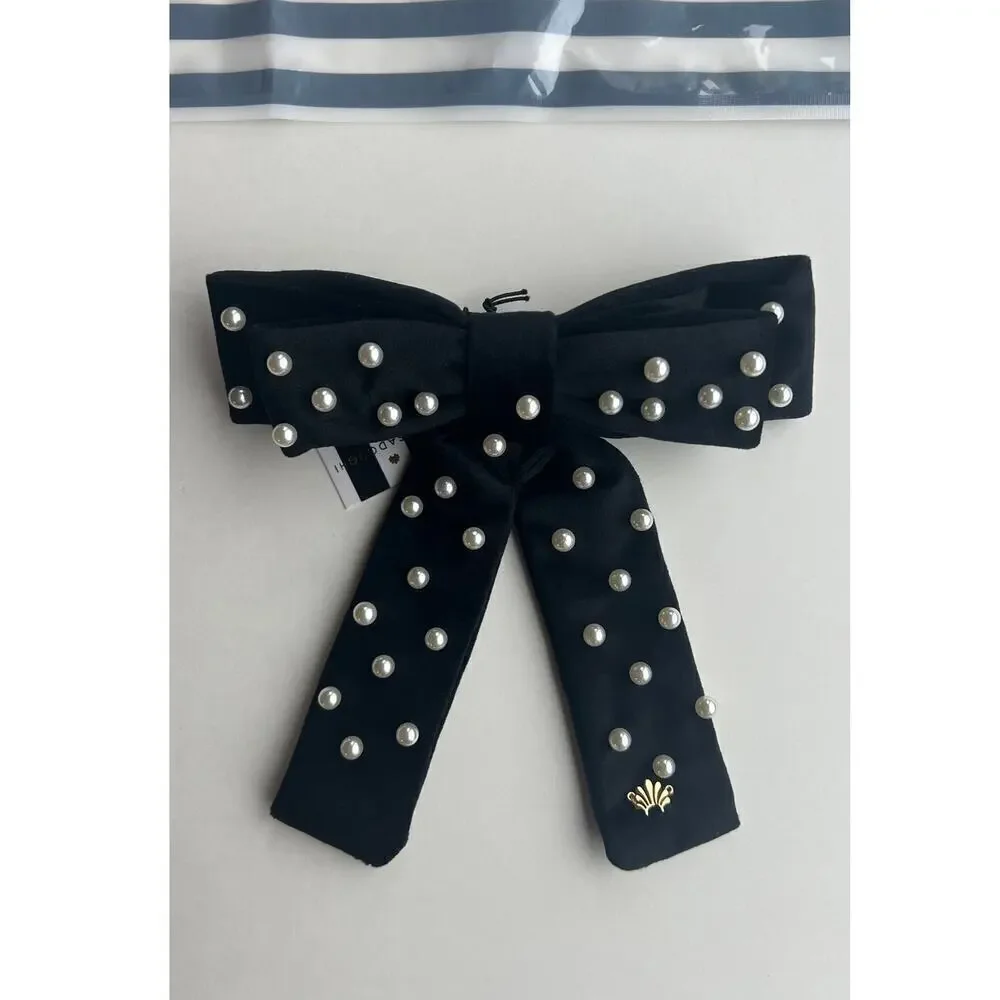 Lele Sadoughi Pearl Velvet Bow Barrette Black NWT